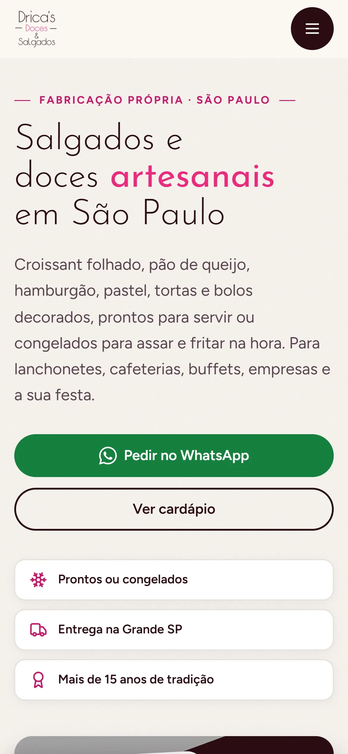Topo do site de Drica's Doces & Salgados no celular