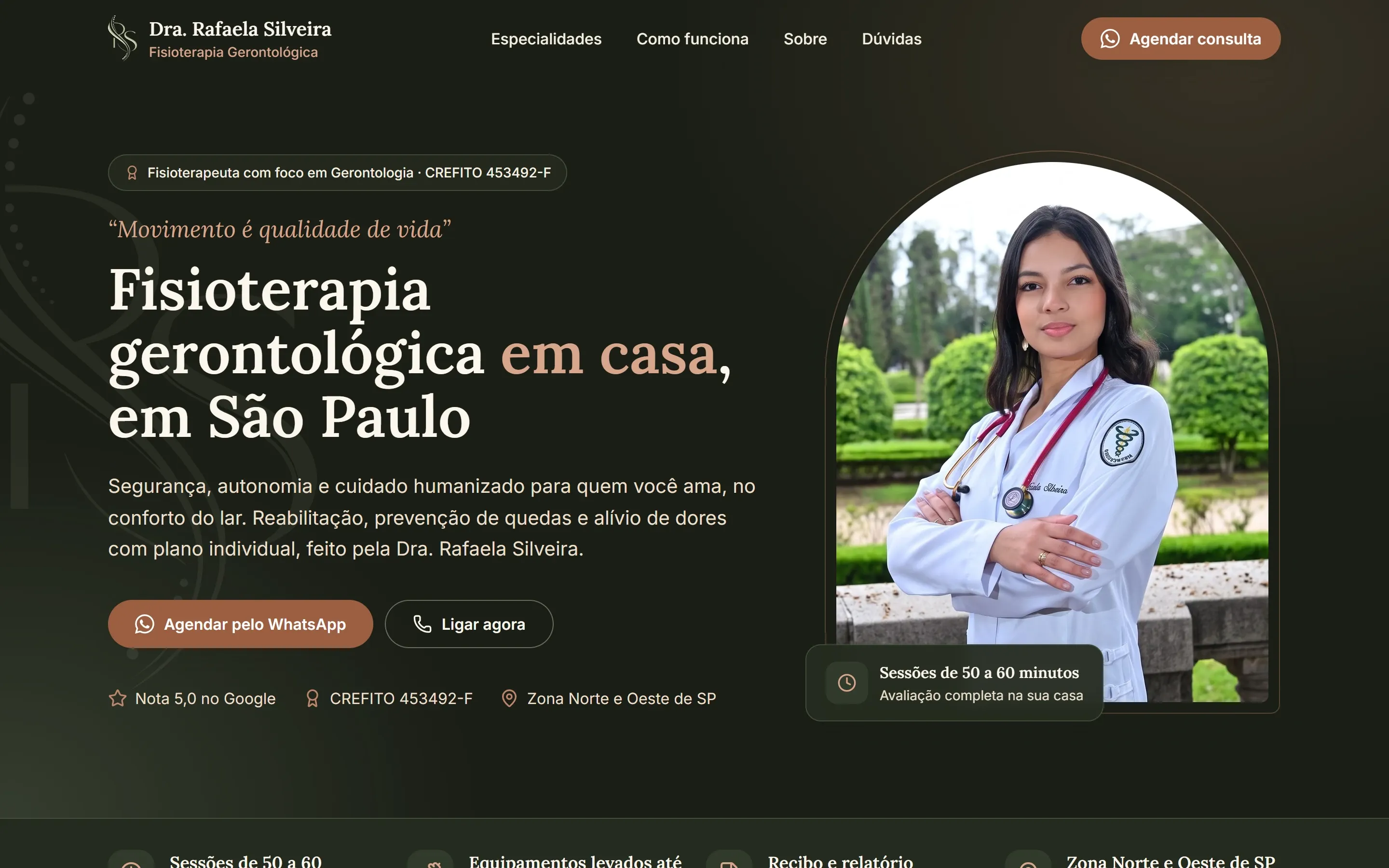 Página inicial do site da Dra. Rafaela Silveira, fisioterapia gerontológica em casa, em São Paulo