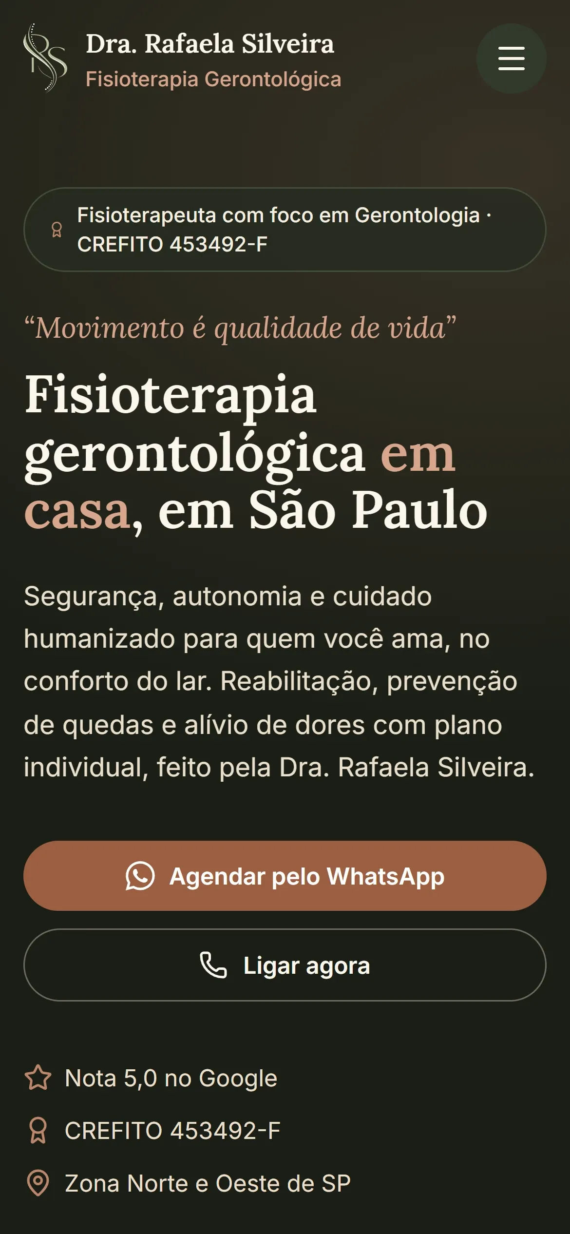 Topo do site de Dra. Rafaela Silveira no celular